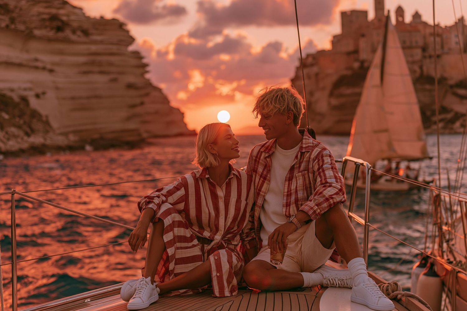 Couple sitting on sailboat deck at stunning sunset with rocky cliffs and glowing orange sky in background.