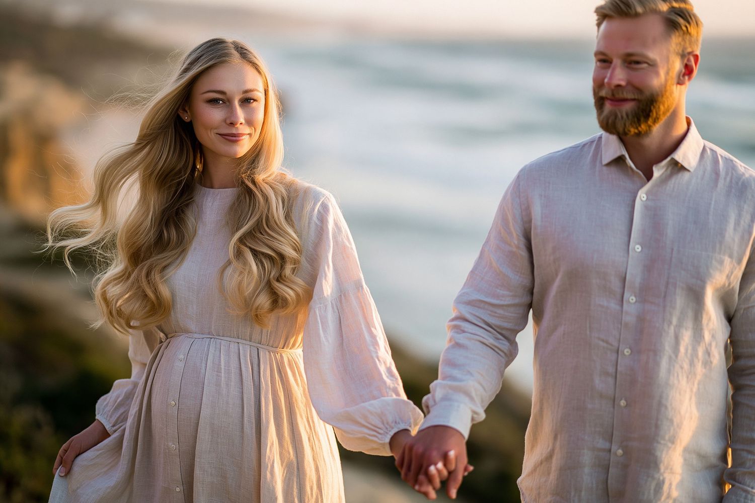A couple holding hands on a rocky beach at sunset, woman in flowing white dress with long blonde hair, man in linen shirt.