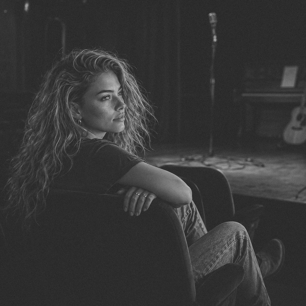Black and white portrait of a young woman with curly hair sitting alone in a studio.