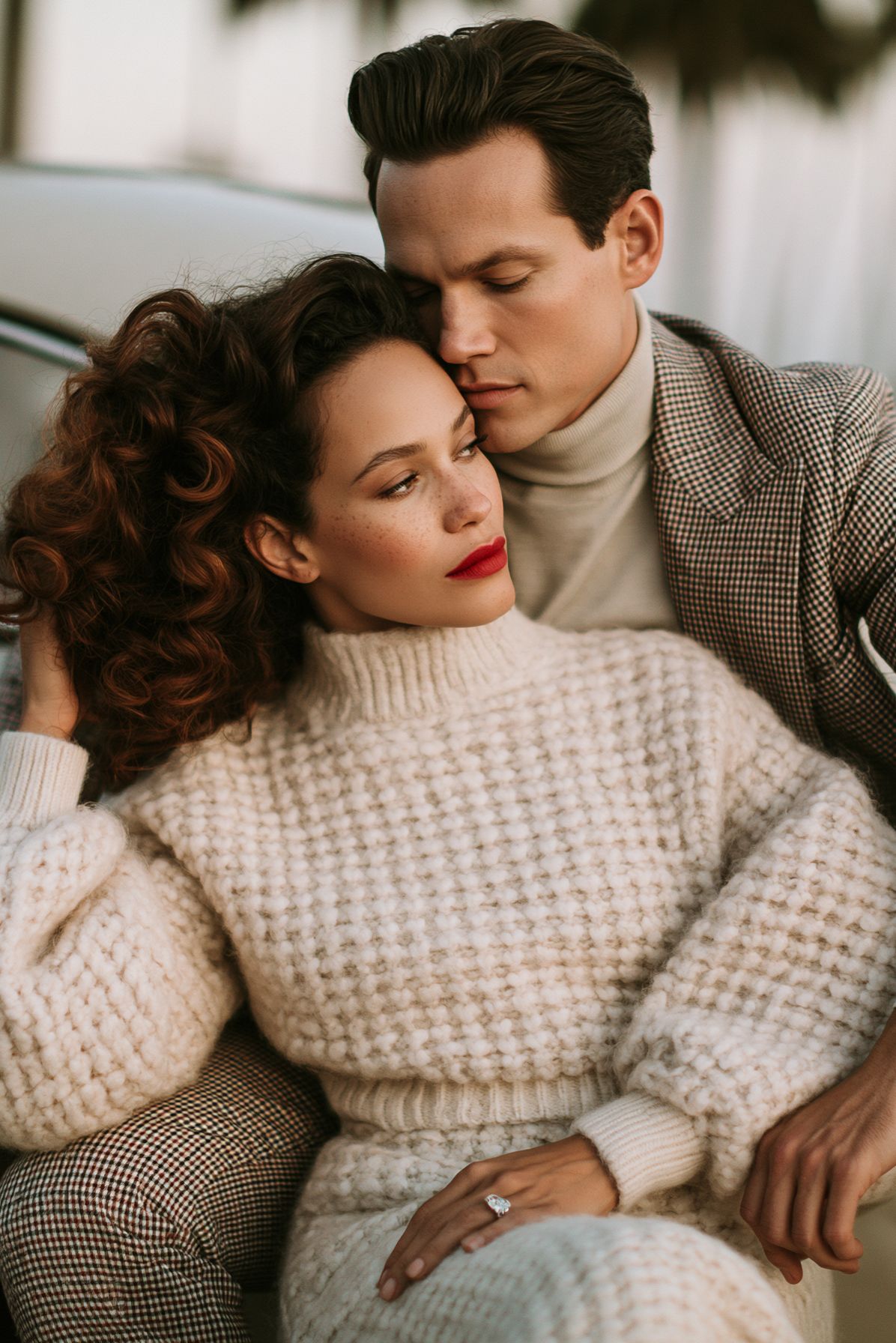 A couple in elegant knitwear shares an intimate moment, the man tenderly kissing the woman's temple as she closes her eyes.