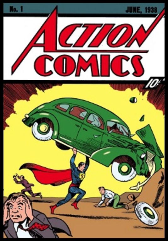 Historical comic strip sequence showing a car flipping through the air in dramatic action scenes from Action Comics.