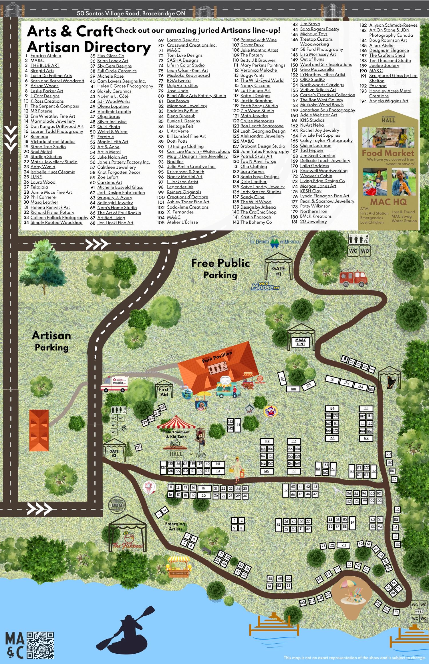 Illustrated map showing arts and crafts festival layout with artisan directory, parking areas, and vendor booths near a waterfront.