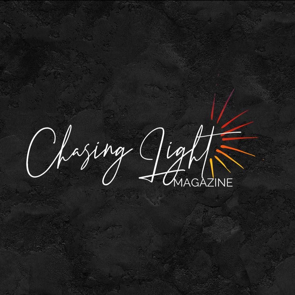 Black and white logo animation sequence showing 'Chasing Light Magazine' text appearing in cursive lettering.