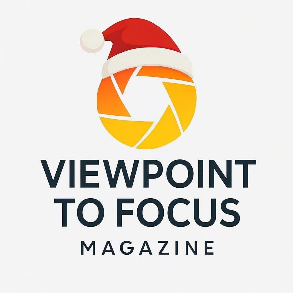 A series of camera aperture logos in orange and red tones with text reading 'Viewpoint' and 'To Focus' magazine.