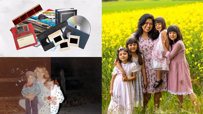 A collage showing old media formats, people in a field of yellow flowers, and a vintage sepia photograph.