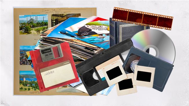 A collection of vintage photographs, postcards, and documents arranged in a nostalgic collage display.