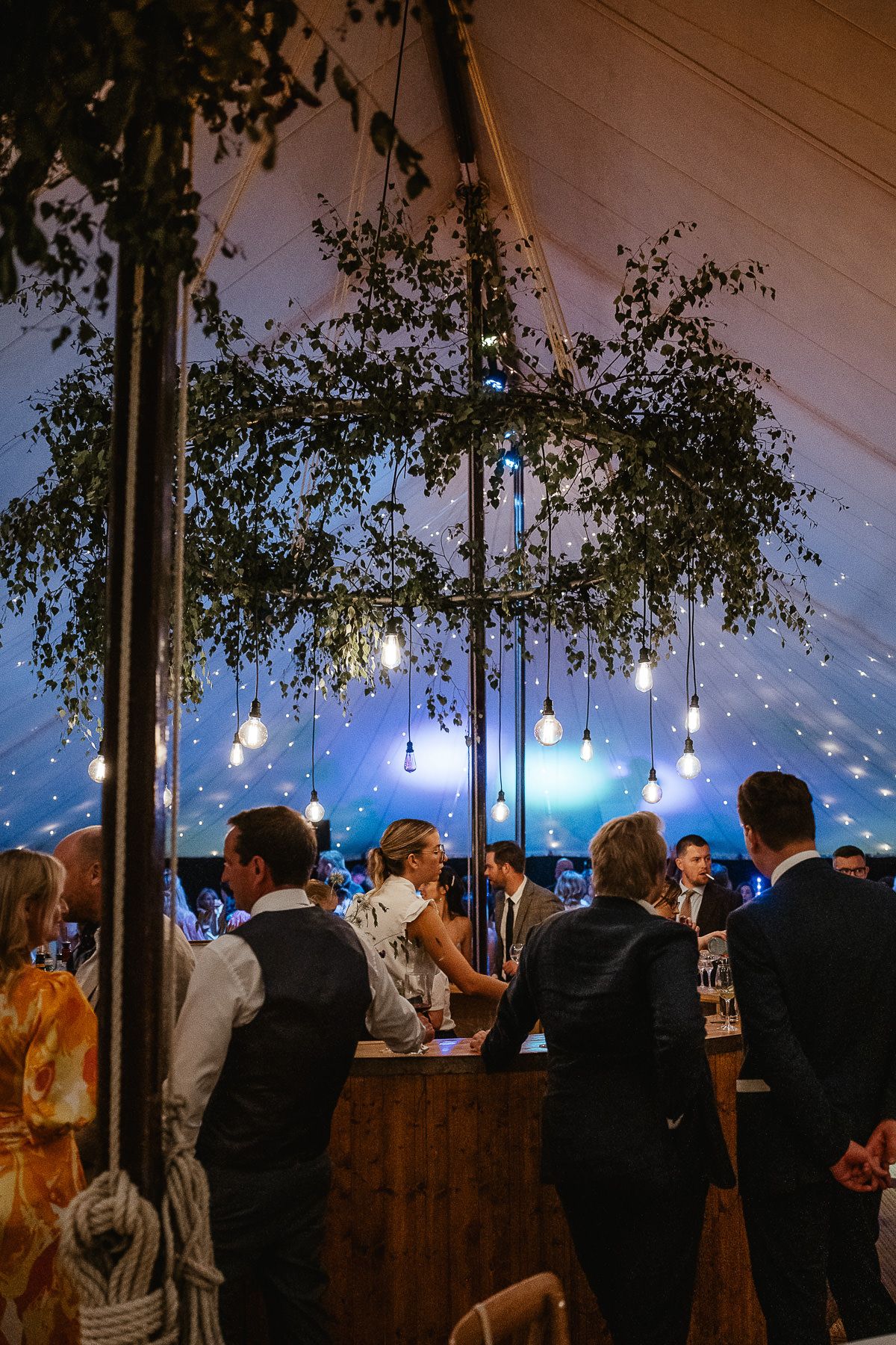 Wedding guests gather under an elegant tent with hanging lights and tree branches creating a romantic evening atmosphere.