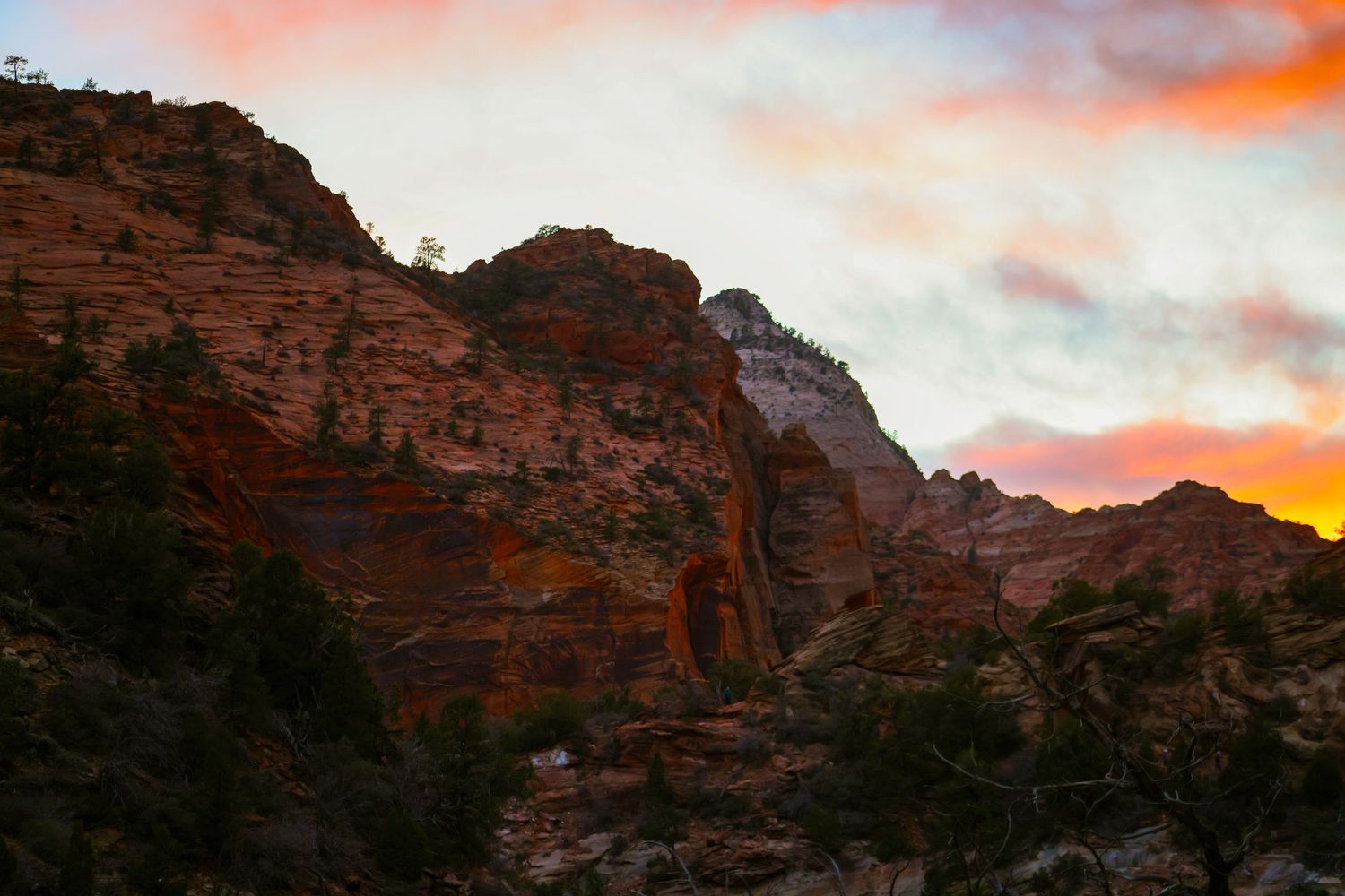 Dramatic red rock cliffs of Zion National Park glow under a vibrant sunset sky.