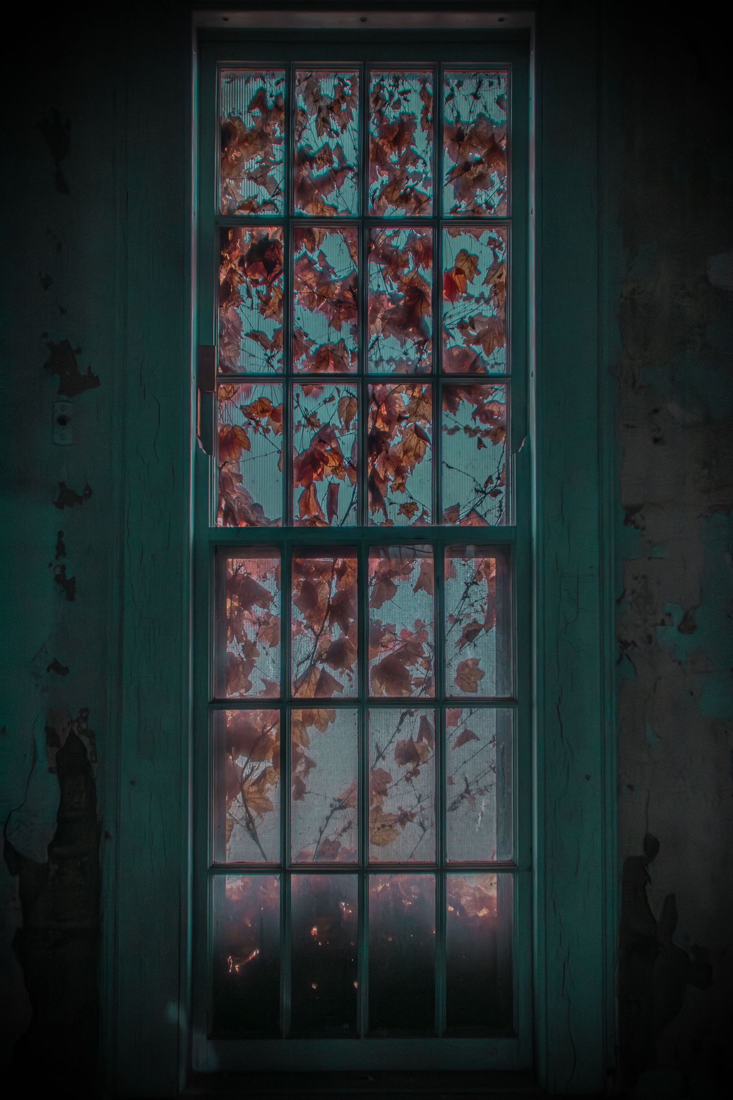 Teal vintage window with grid panes revealing red autumn leaves outside in moody dark setting.