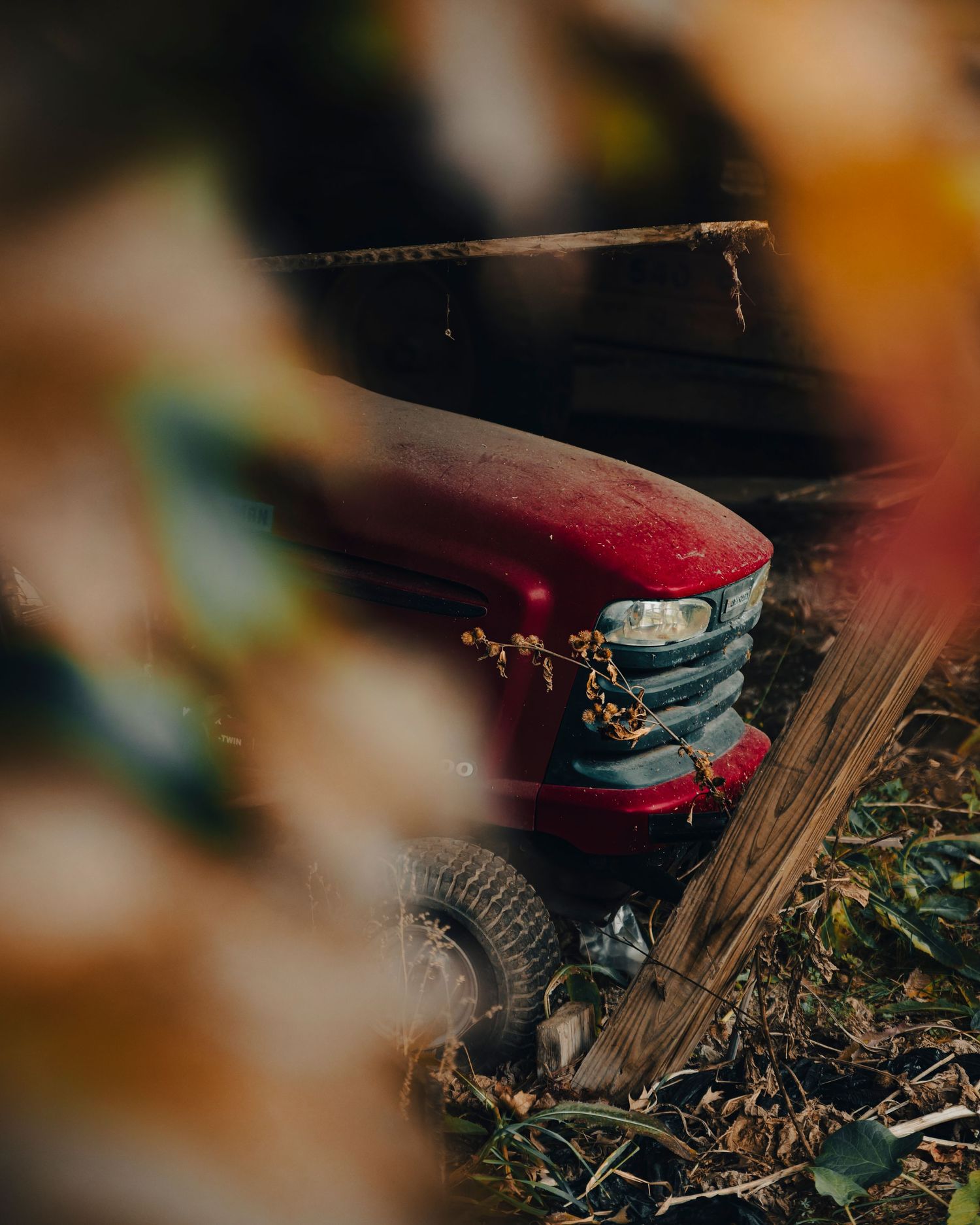 Abandoned red riding lawn mower overgrown with weeds and leaves, photographed through blurred autumn foliage.