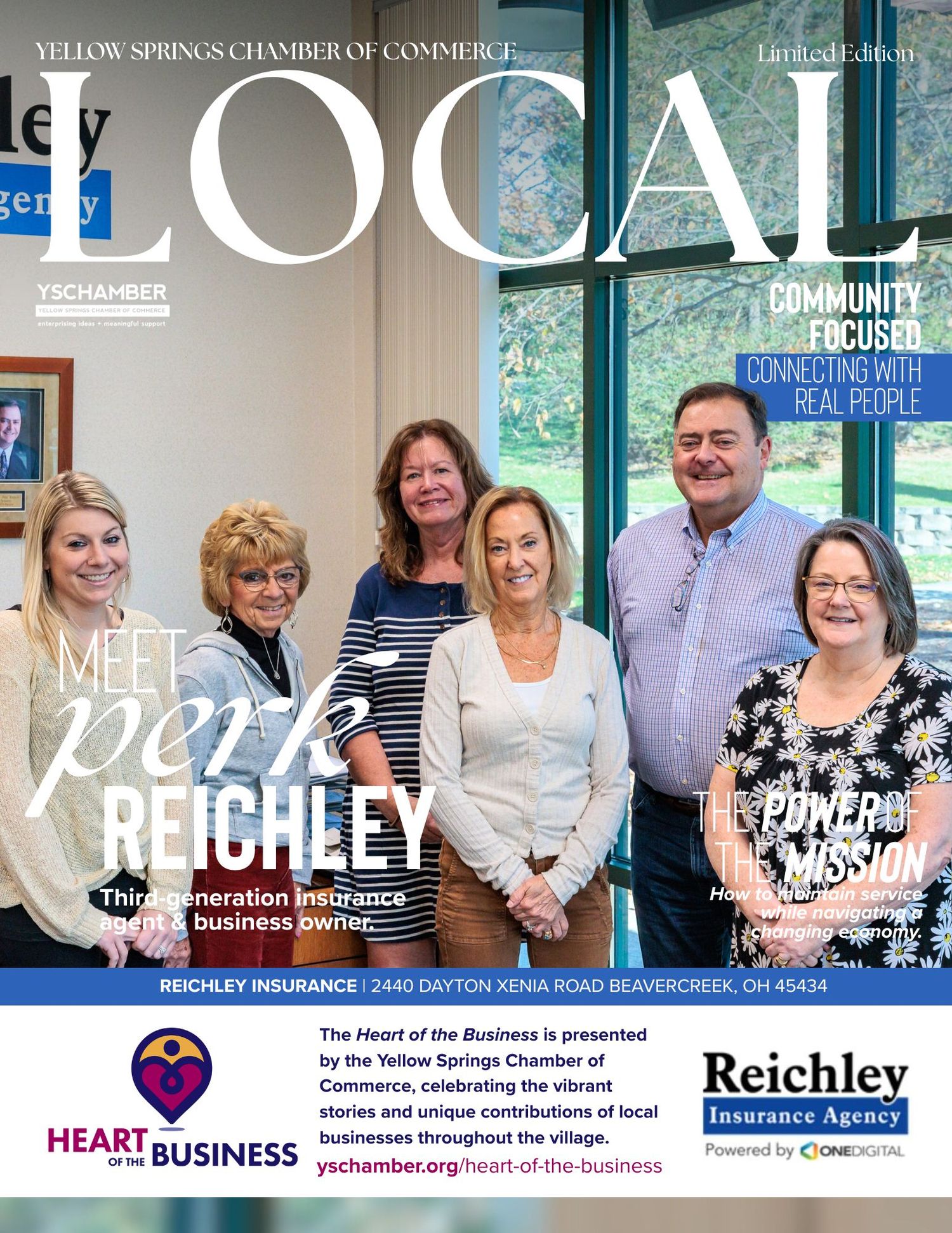 Yellow Springs Chamber of Commerce LOCAL magazine cover featuring six smiling Reichley Insurance Agency team members in Beavercreek, Ohio.