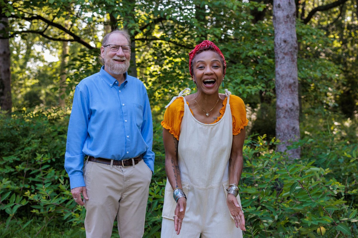 Roi and Hyacinth laughing together outdoors on the Antioch College campus, Yellow Springs Ohio