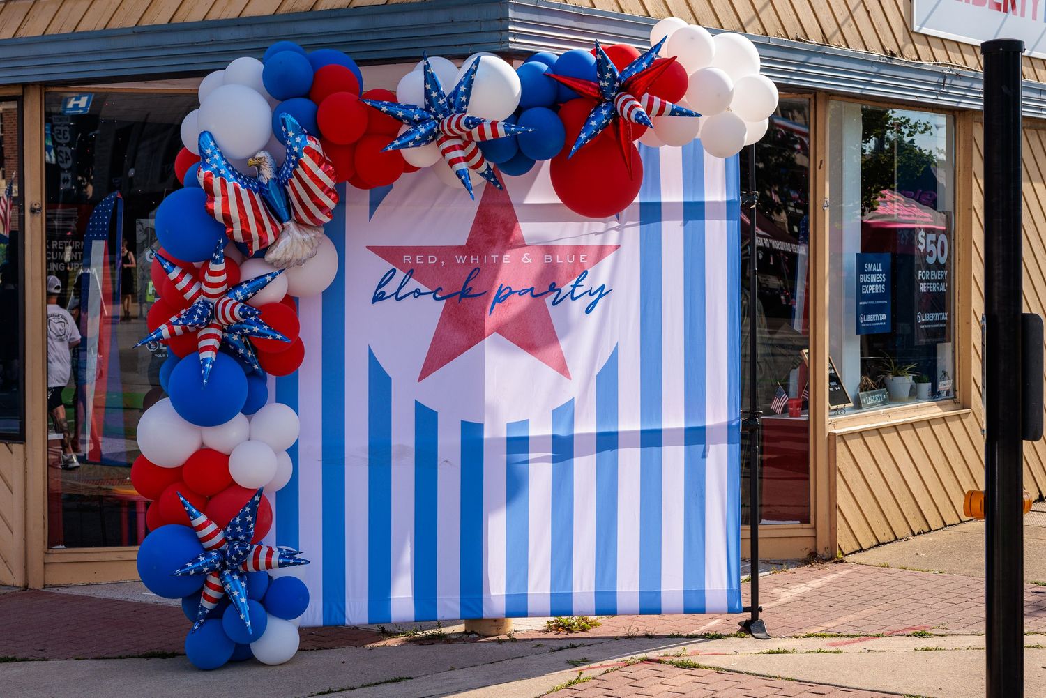 Red, White & Blue Block Party step and repeat selfie banner