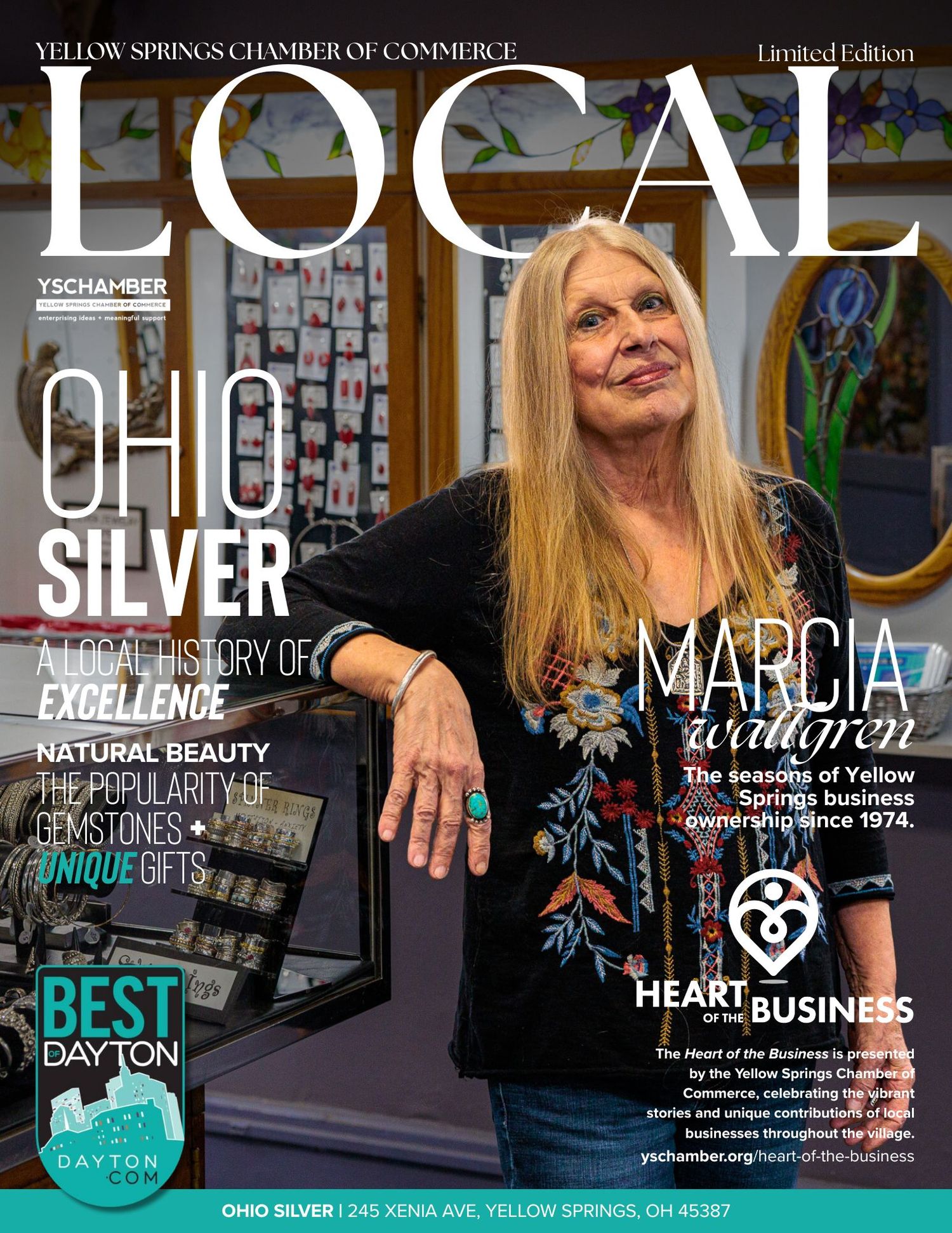 Yellow Springs Chamber of Commerce LOCAL magazine cover featuring Marcia Wallgren, longtime owner of Ohio Silver gem and jewelry shop.