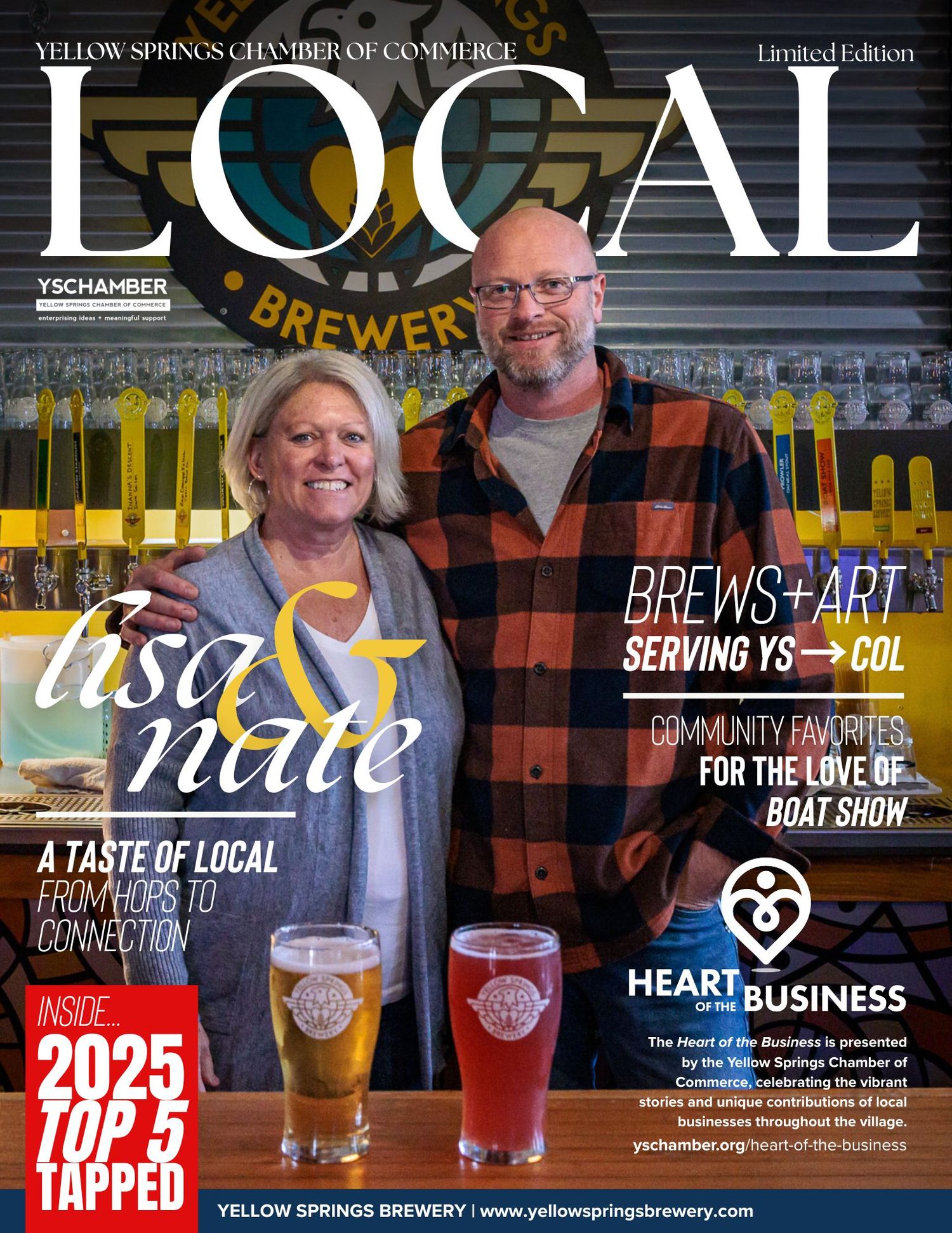 Yellow Springs Chamber of Commerce Local magazine cover showing a smiling couple with two beer glasses at Yellow Springs Brewery.