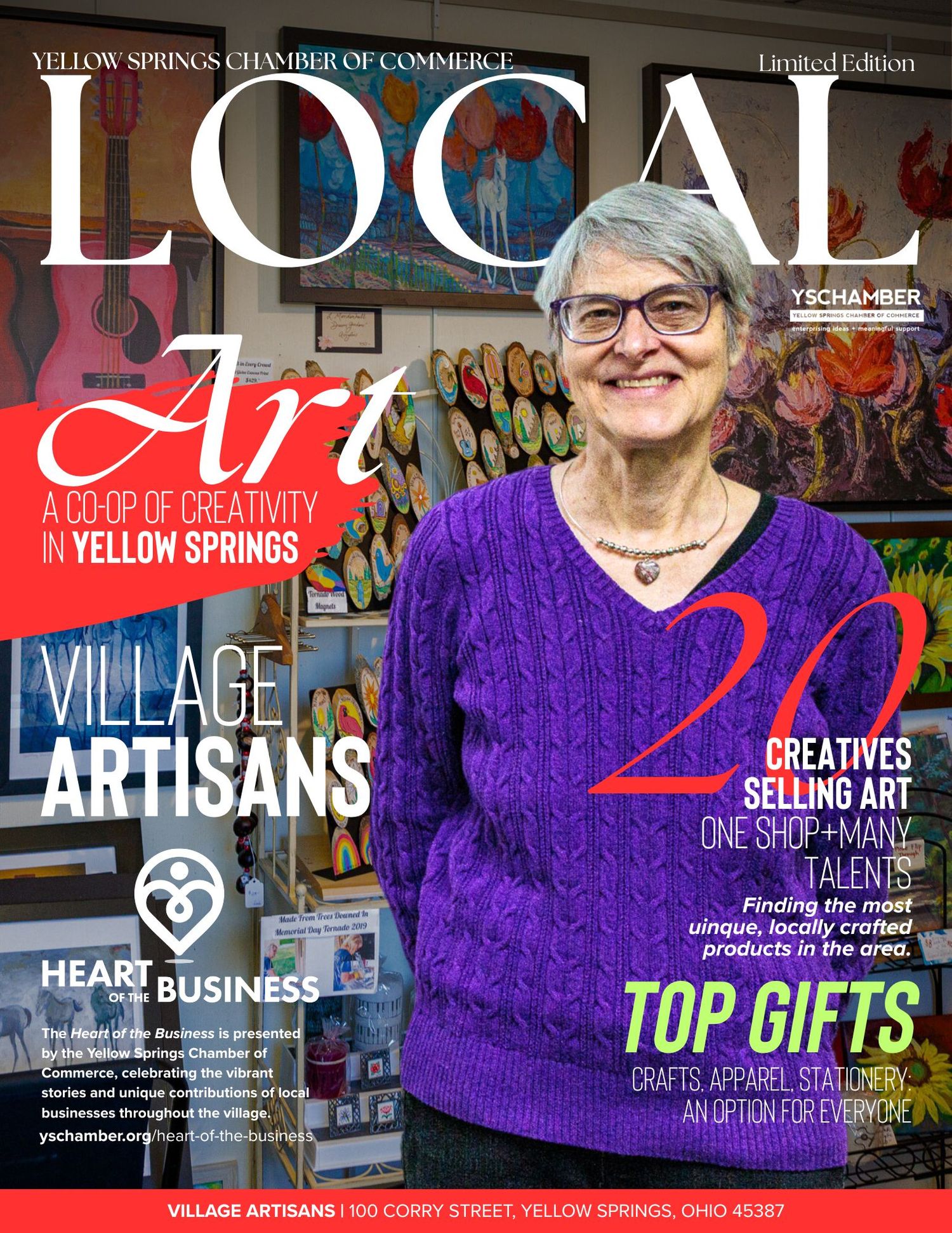 Yellow Springs Chamber LOCAL magazine cover featuring a smiling woman in a purple sweater and the Village Artisans art co-op in Ohio.