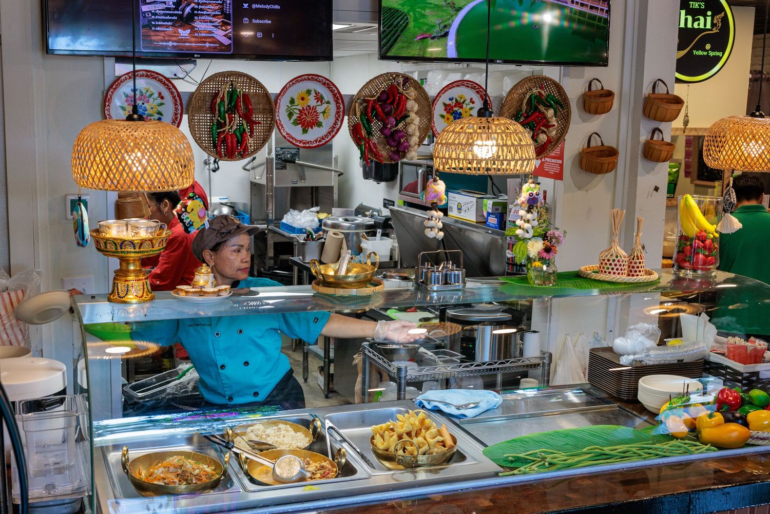 Food display and kitchen setup inside Tik's Thai Yellow Springs Ohio grand opening