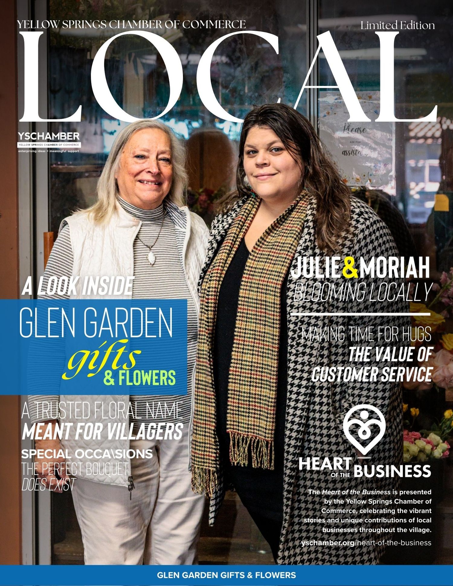 Yellow Springs Chamber of Commerce LOCAL magazine cover featuring two smiling women from Glen Garden Gifts & Flowers, a trusted floral shop.