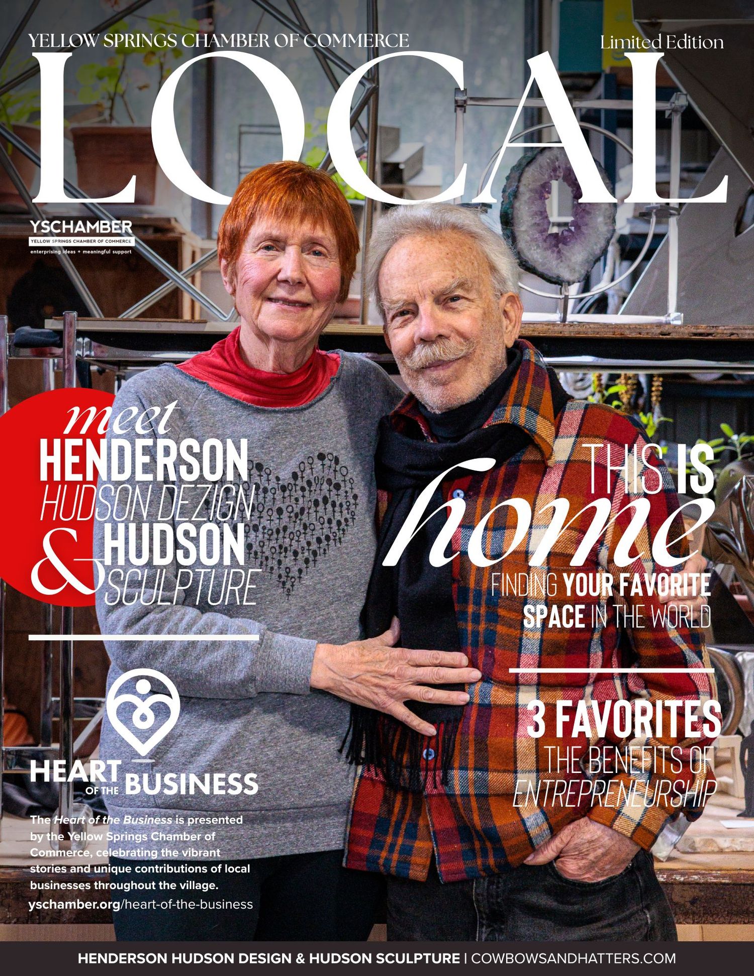 Yellow Springs Chamber of Commerce LOCAL magazine cover featuring a smiling older couple from Henderson Hudson Design and Hudson Sculpture.