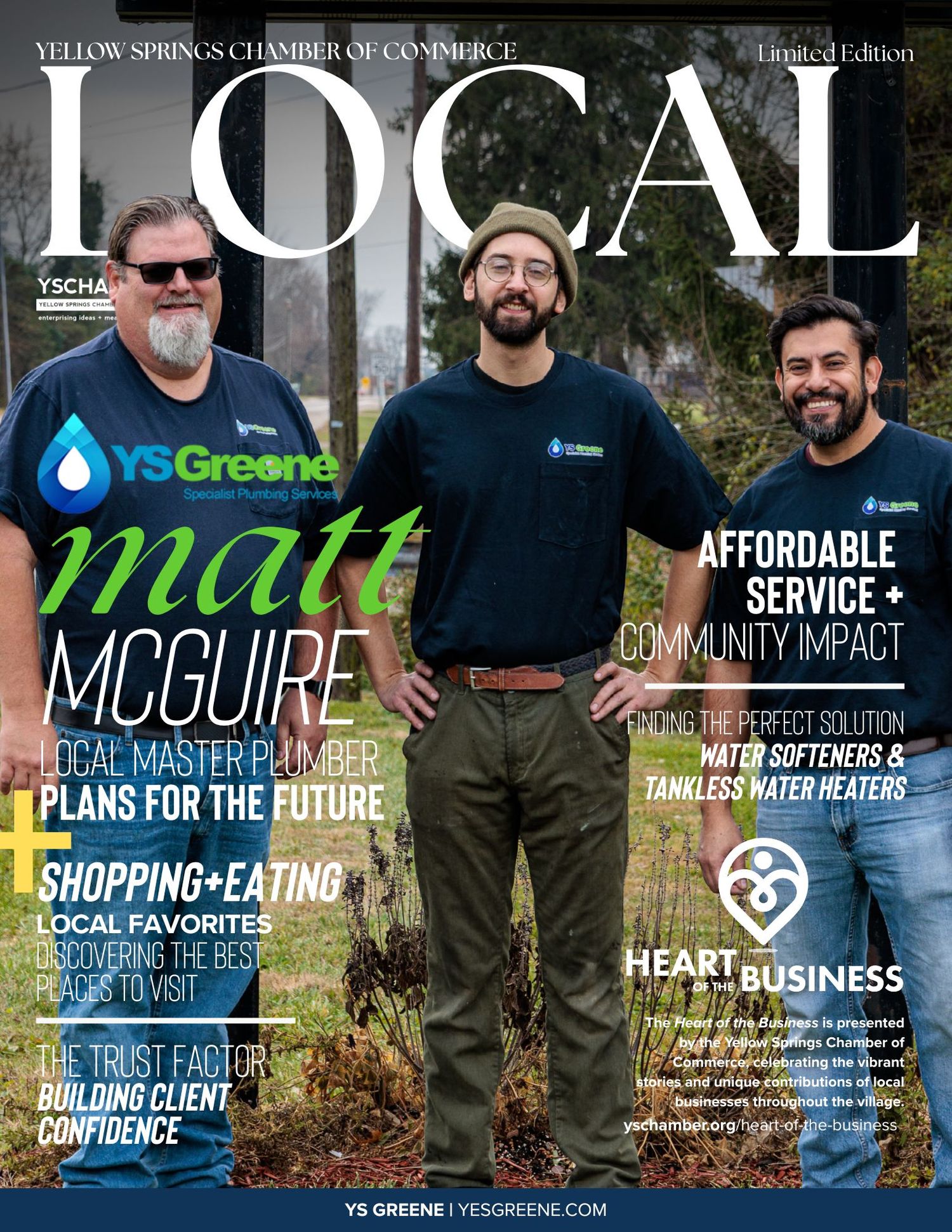 Three smiling YS Greene plumbers pose outdoors on the cover of Yellow Springs Chamber of Commerce's Local magazine featuring Matt McGuire.