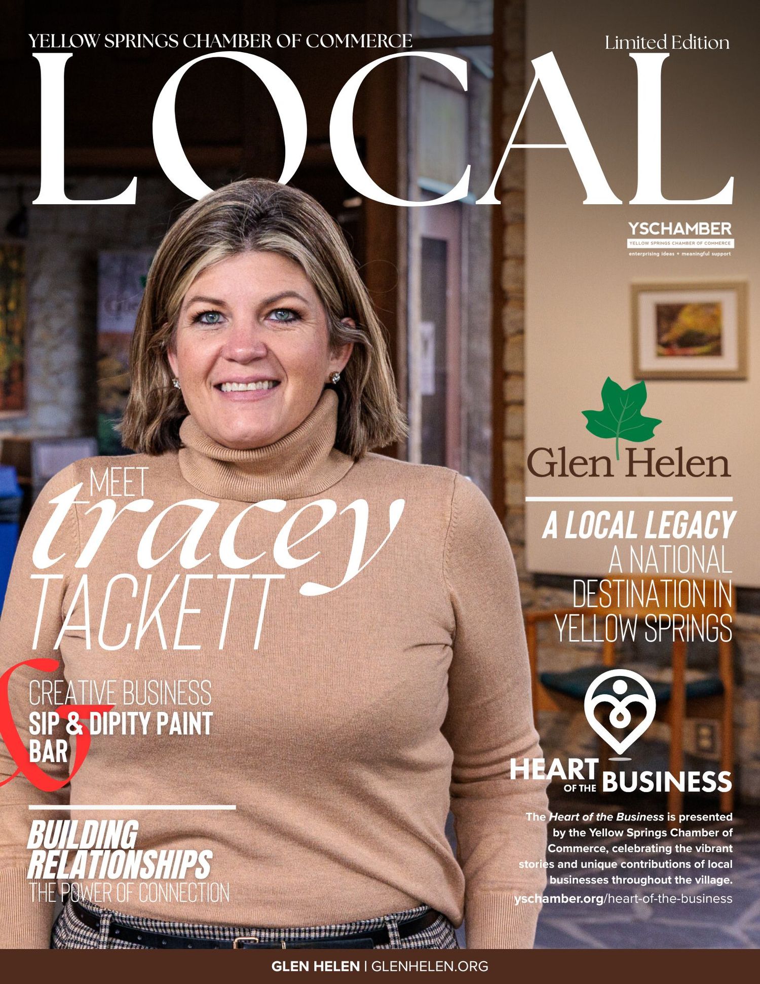 Yellow Springs Chamber of Commerce LOCAL magazine cover featuring Tracey Tackett, owner of Sip & Dipity Paint Bar, with Glen Helen story.