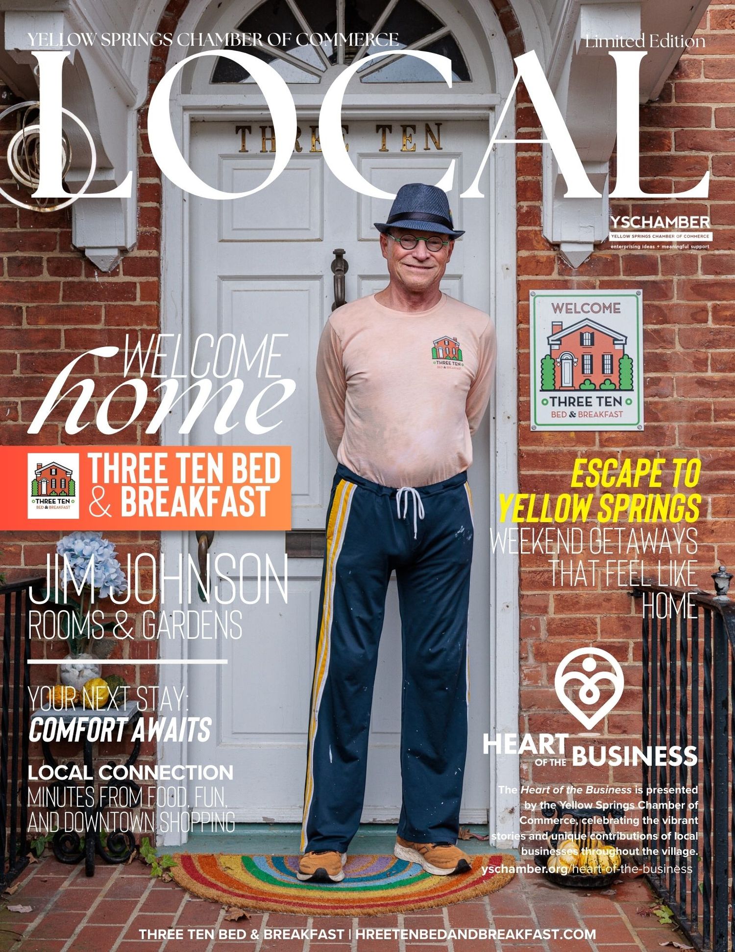 Yellow Springs Chamber of Commerce LOCAL magazine cover showing Jim Johnson at Three Ten Bed & Breakfast's front door in a hat.