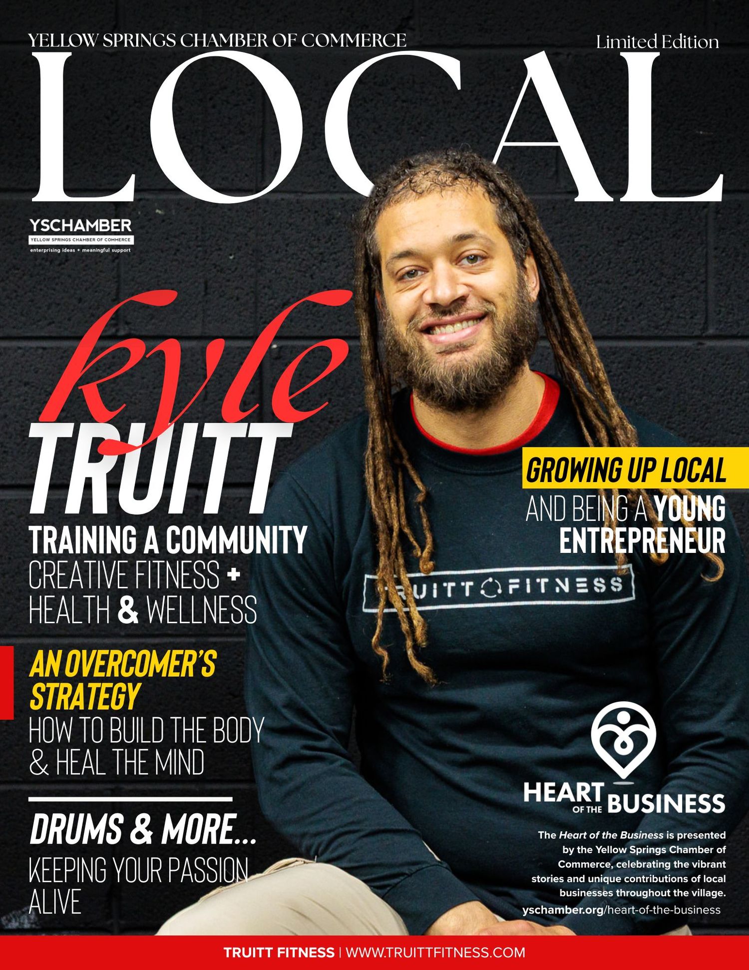Yellow Springs Chamber of Commerce Local magazine cover featuring Kyle Truitt of Truitt Fitness, smiling in a black Truitt Fitness shirt.