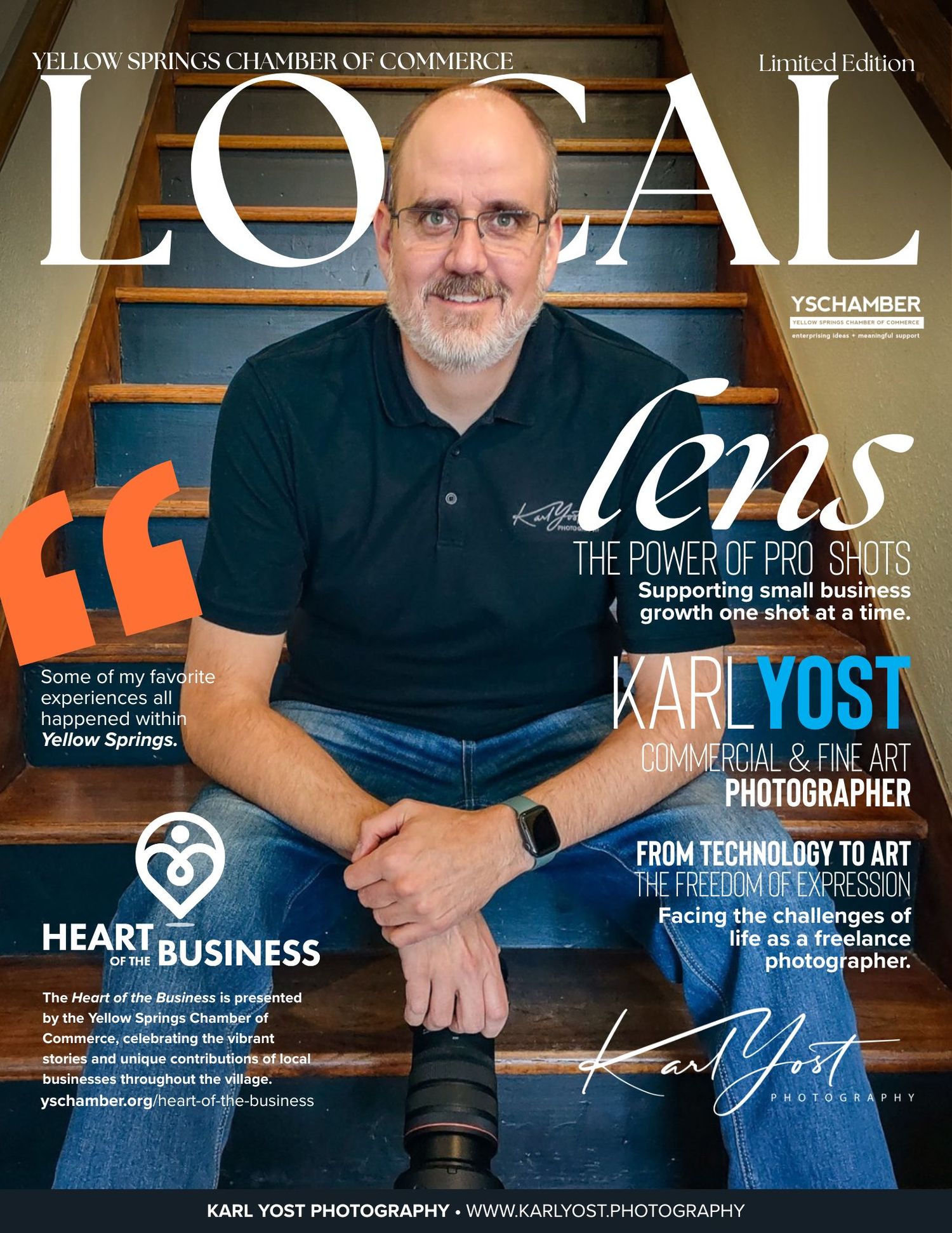 Local magazine cover featuring photographer Karl Yost seated with his camera, headline 