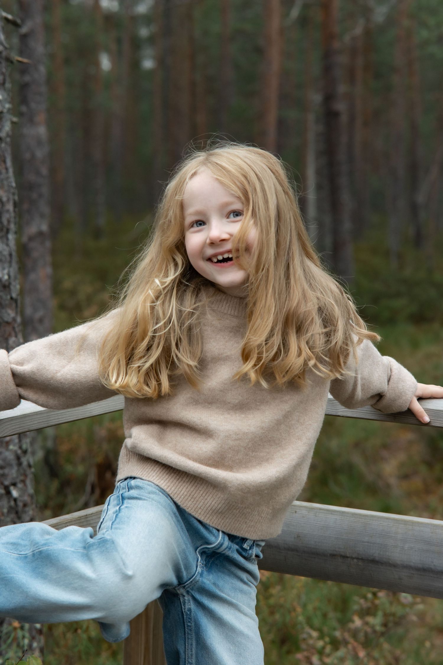 A cheerful young blonde girl in a beige sweater and jeans laughing while sitting on a wooden fence in a forest.