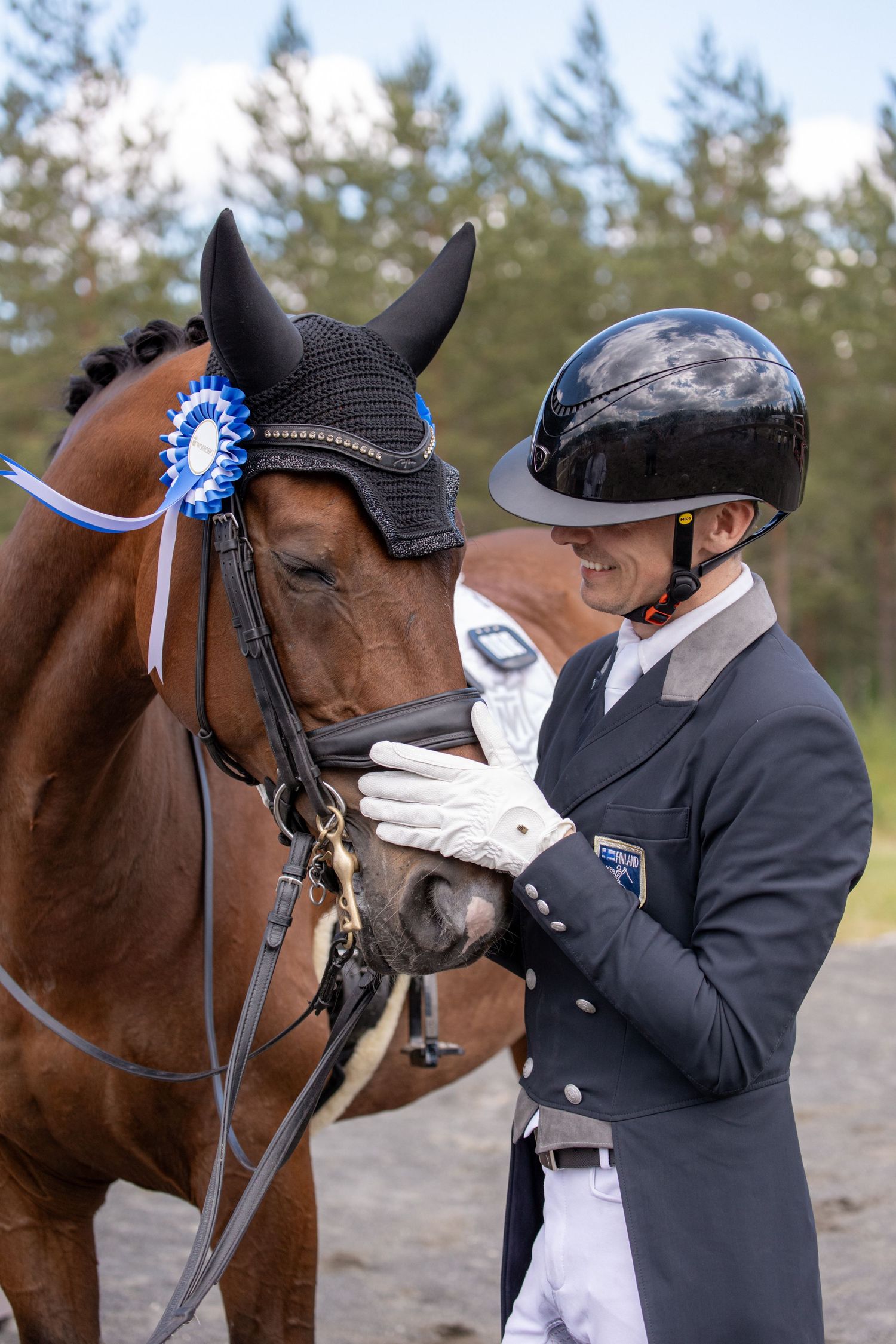 Equestrian rider in black jacket and helmet with award-winning bay horse wearing blue rosette at dressage competition.