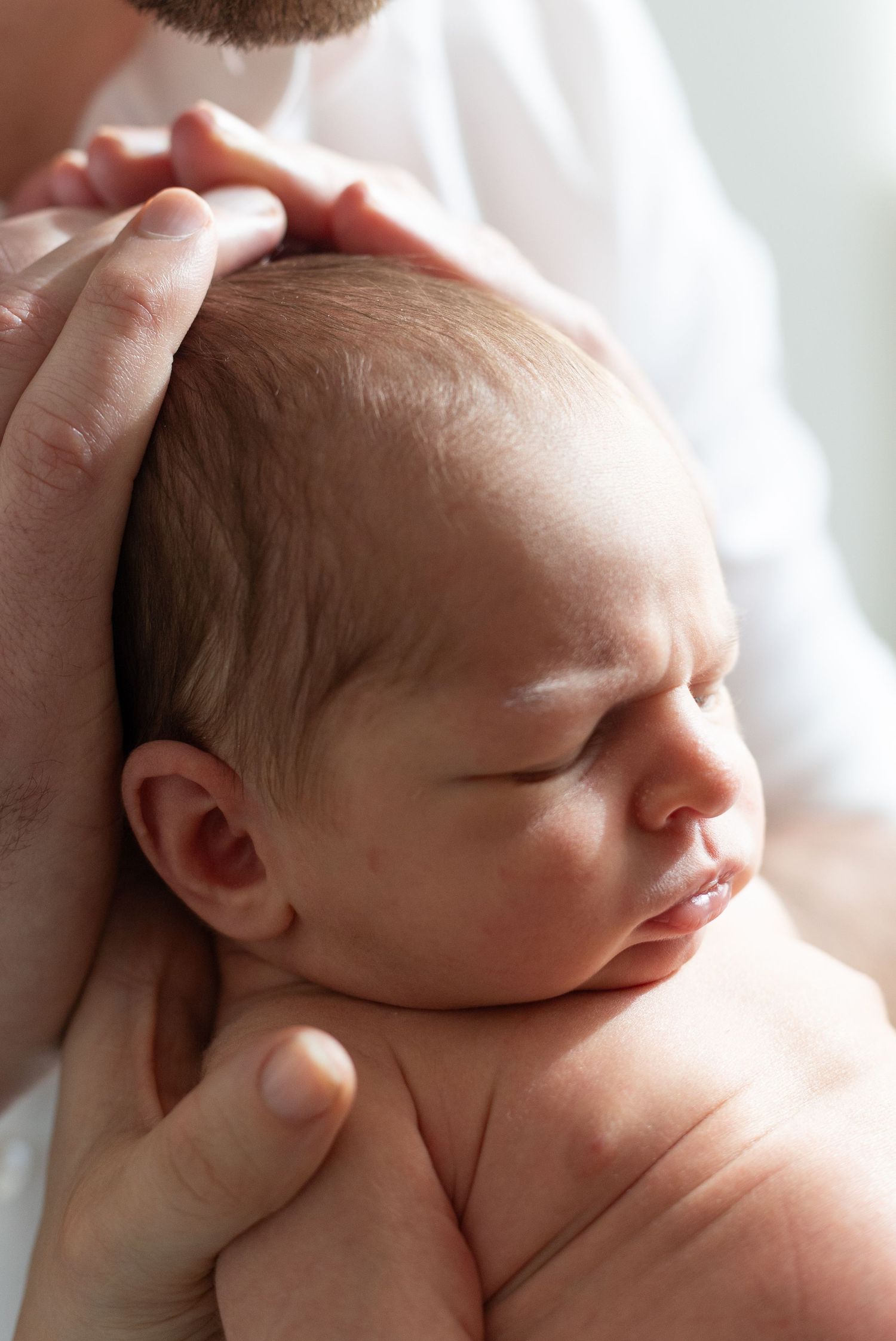 Newborn baby with a furrowed brow being gently cradled by a parent's hands supporting the head and body in soft natural light.