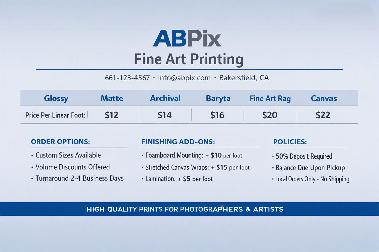ABPix fine-art printing price sheet with glossy, matte, archival, baryta, fine-art rag and canvas options.