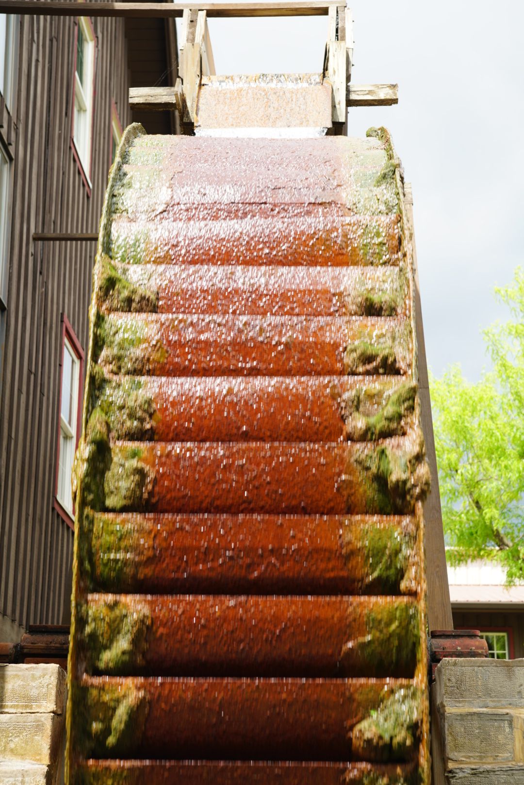 Moss-covered rotating water wheel at a historic mill, showing rust and age in sunlight.