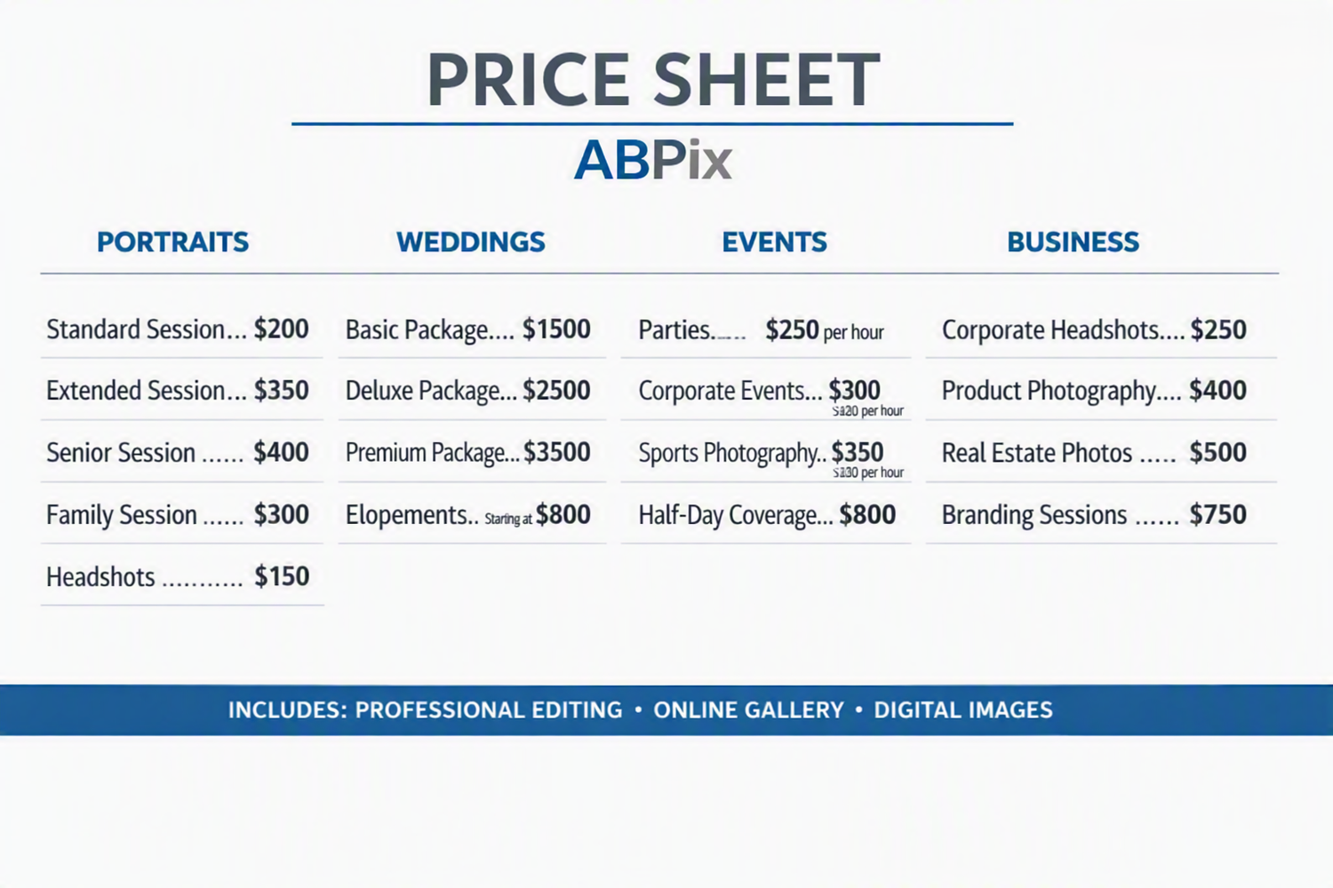 ABPix photography price sheet for portrait, wedding, event and business sessions.