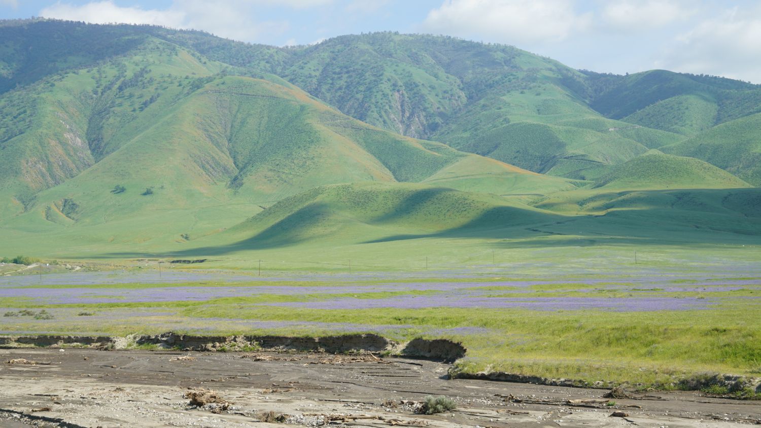 Lush green rolling hills and mountains surrounding a flat valley floor landscape.