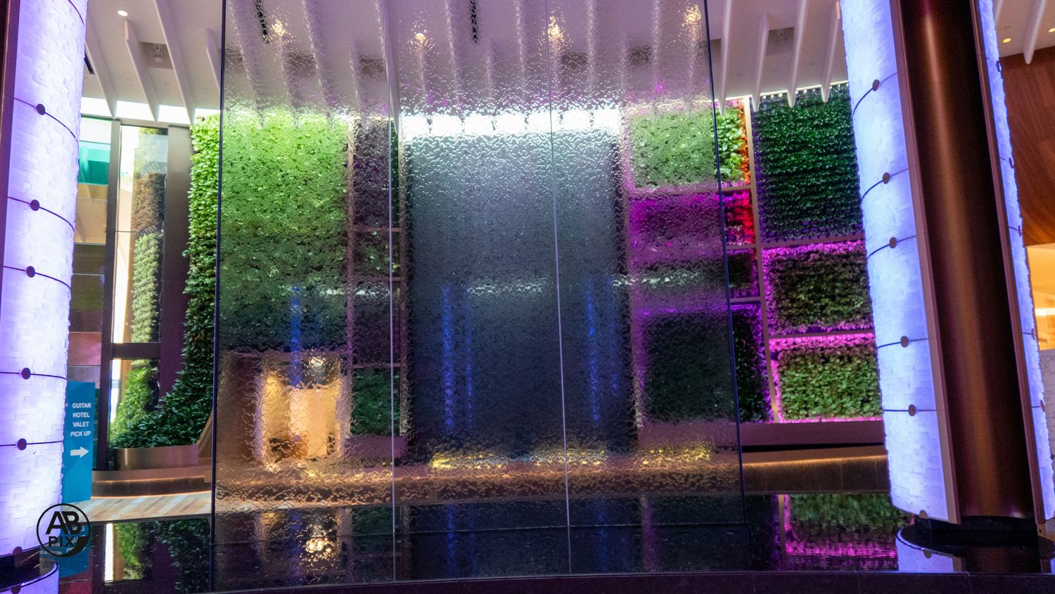 Indoor green wall with colorful LED lights and water feature in modern lobby.