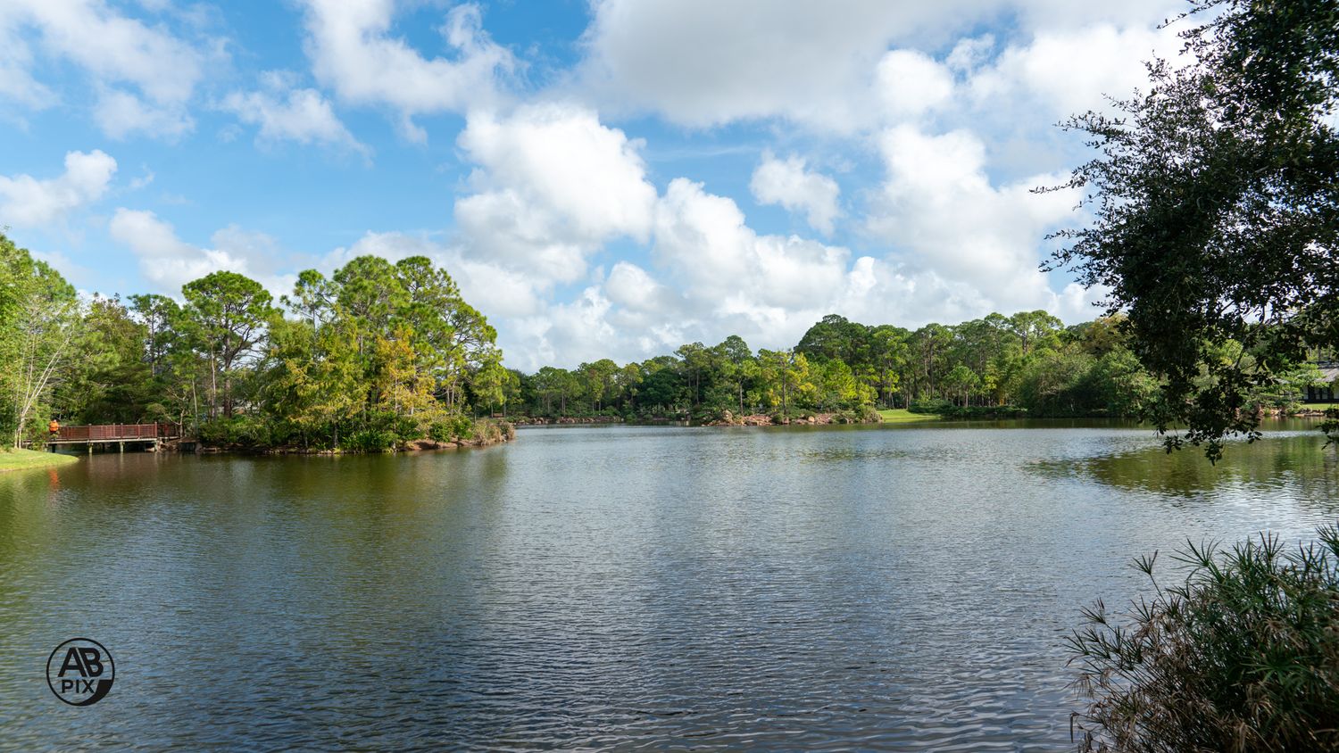 Panoramic view of a calm lake with lush green trees and fluffy white clouds in a blue sky.