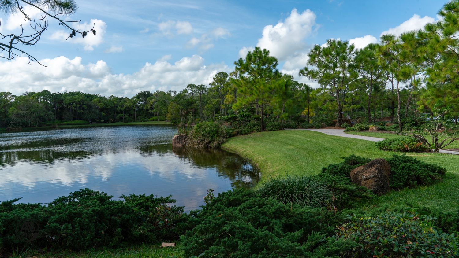 Scenic landscaped pond with lush green trees, manicured lawn, and a winding path under blue sky.