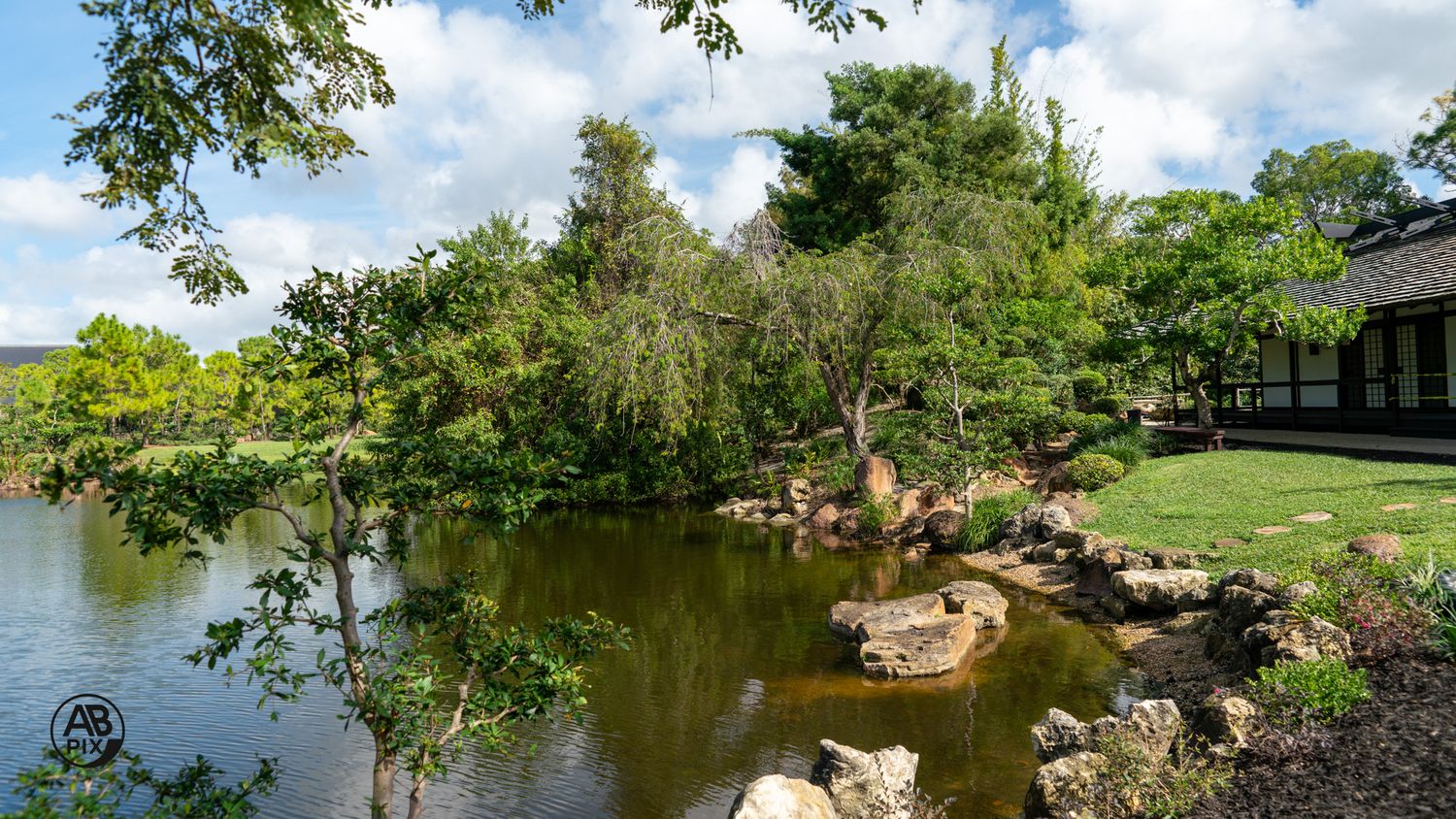 Tranquil Japanese garden pond surrounded by lush trees and traditional architecture.