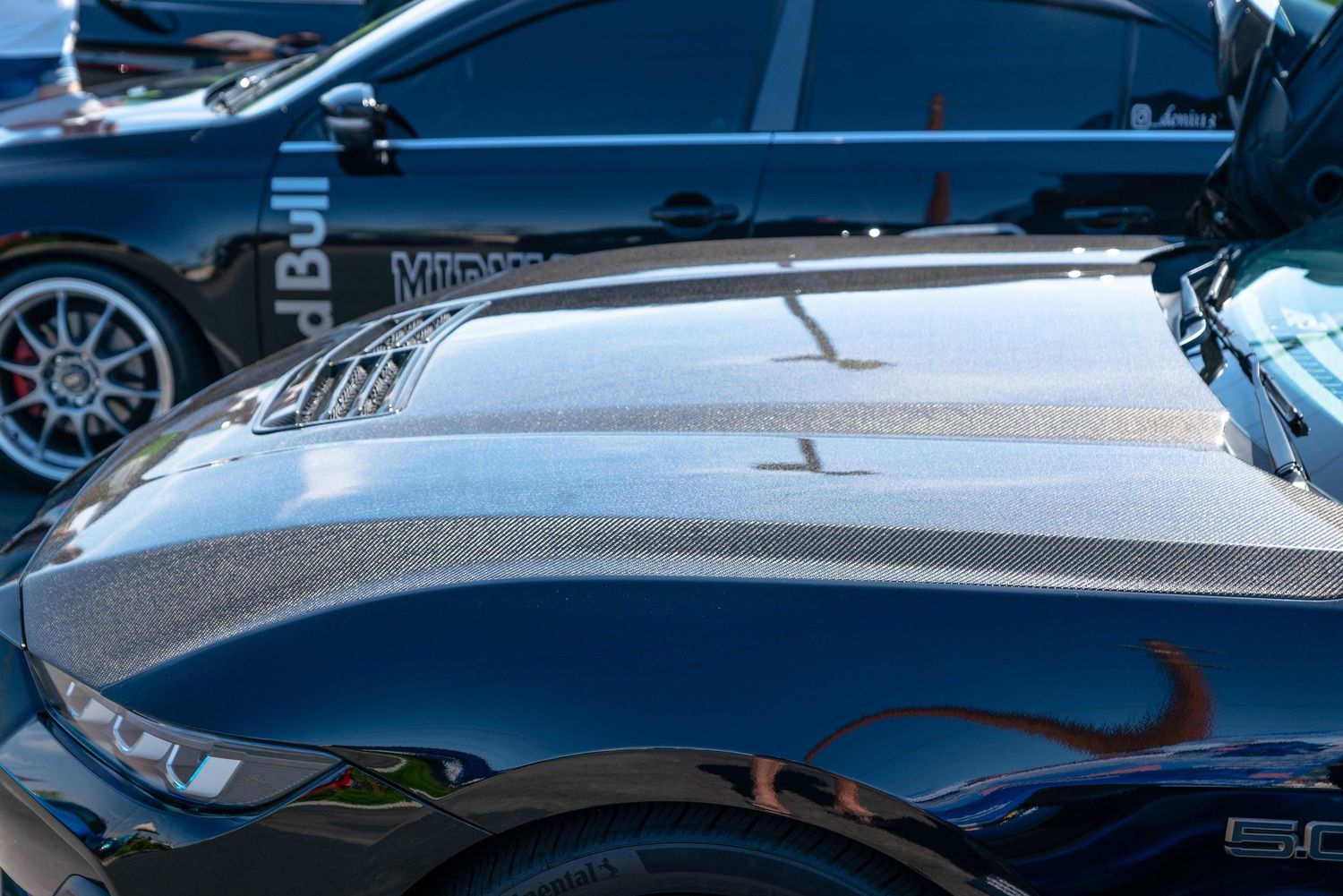 Sleek dark hood of a Ford Mustang 5.0 reflecting light at an outdoor motorsport event.