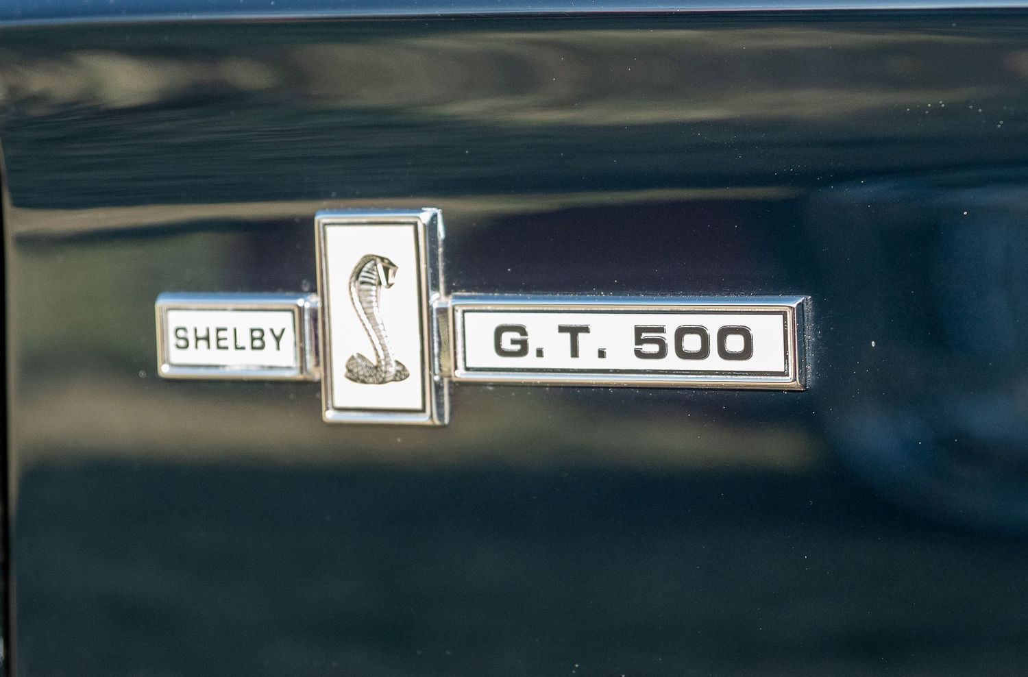 Chrome Shelby G.T. 500 emblem with cobra snake logo on dark classic muscle car.