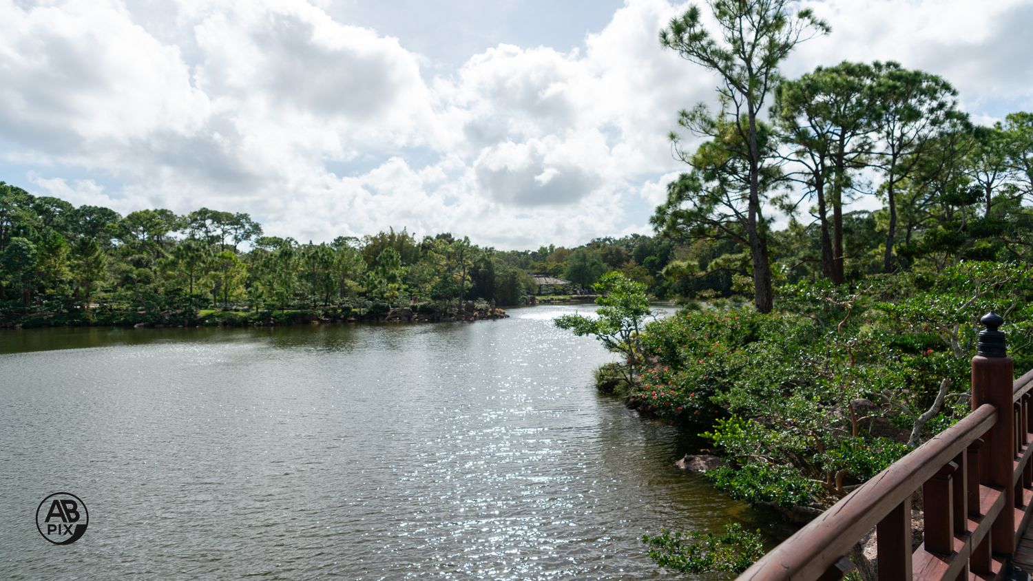 Tranquil river view framed by dense tropical greenery and cloudy skies from a wooden railing overlook.