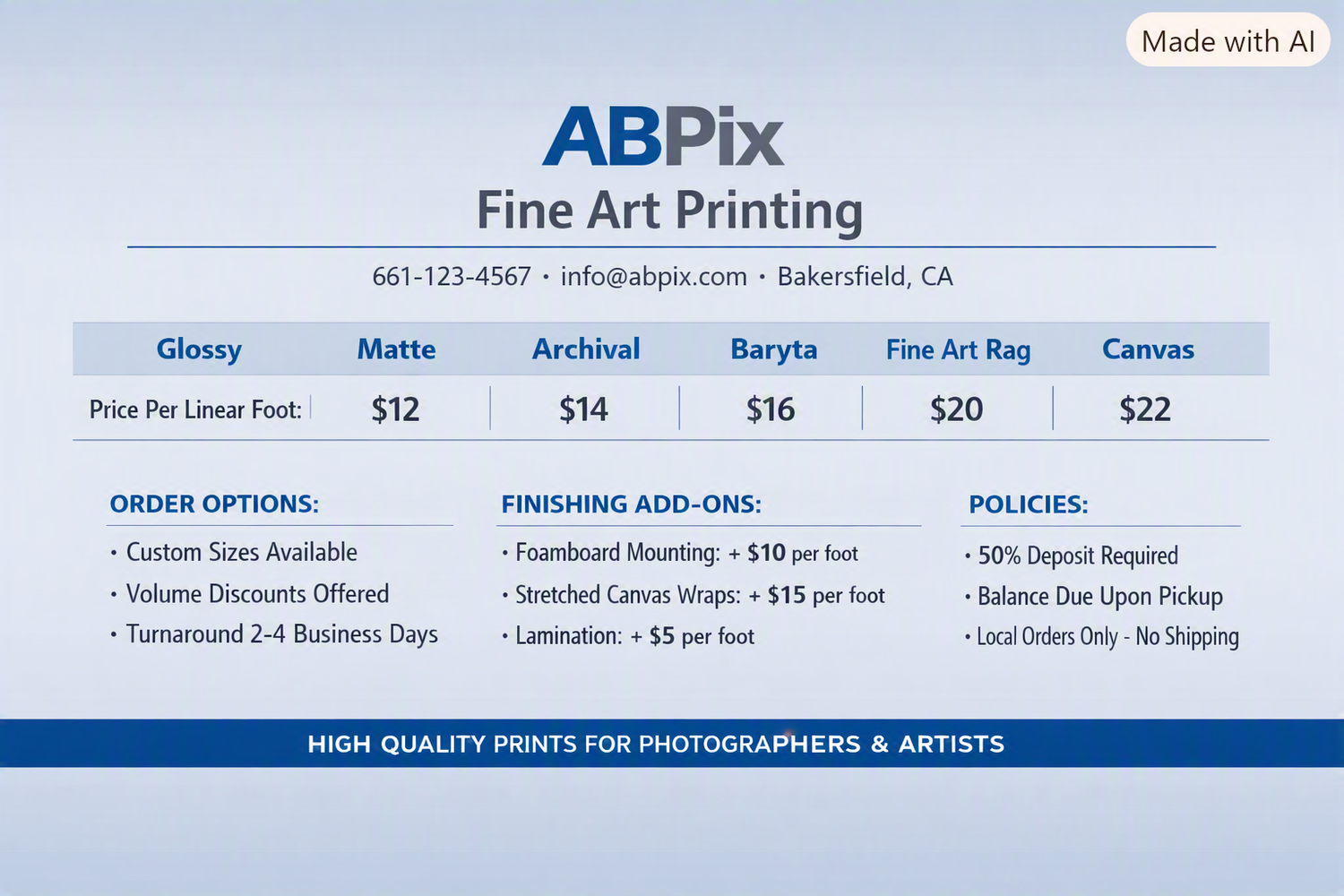 ABPix Fine Art Printing price chart showing glossy, matte, archival, baryta, fine art rag, and canvas options from $12-$22 per linear foot.