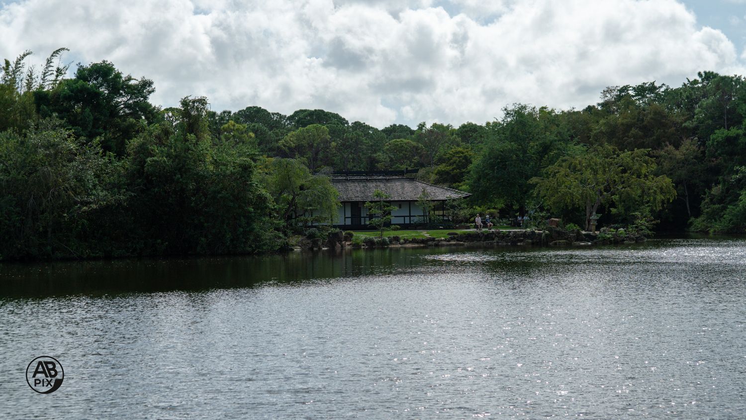 Peaceful lake view with a wooden pavilion nestled among dense green trees on the far shore.