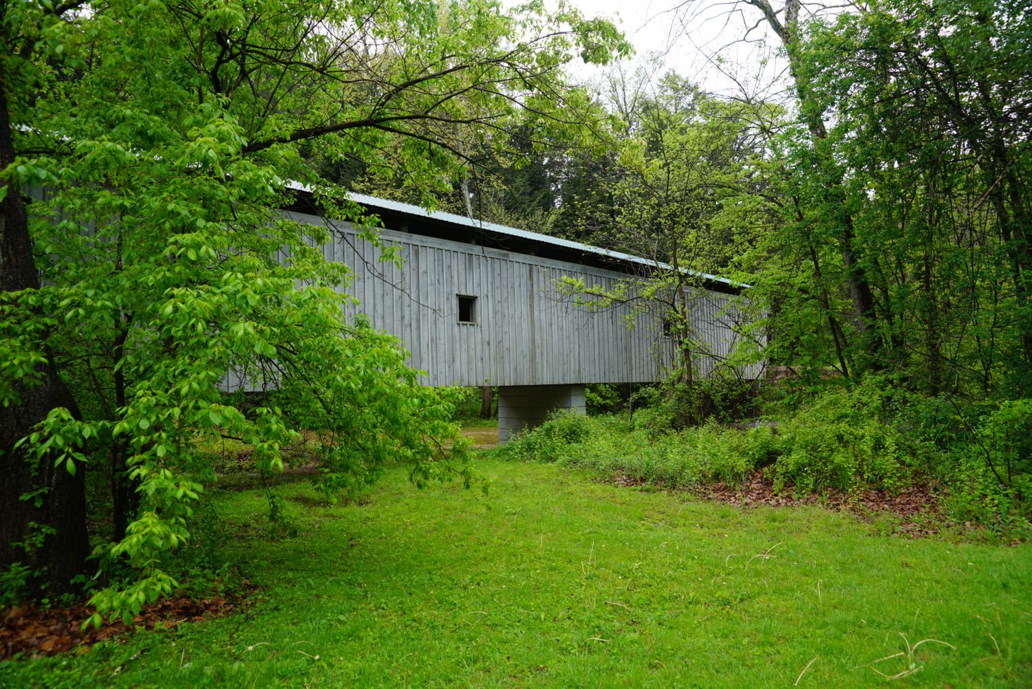 Gray weathered wooden covered bridge nestled among dense green trees in rural Ohio countryside.