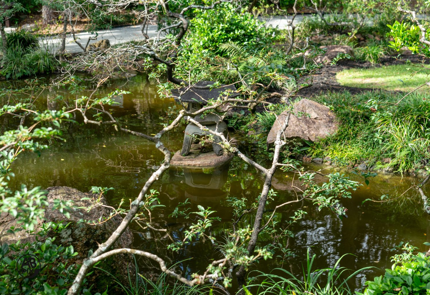 Tranquil Japanese garden pond with stone lantern, rocks, and dense green foliage reflected in water.