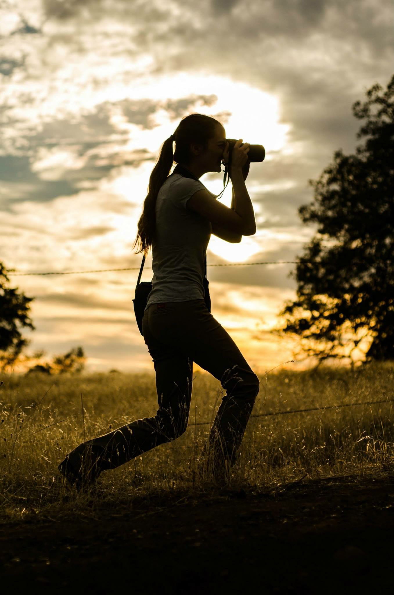 Silhouette of a woman photographing with a camera at golden sunset in a grassy field with dramatic cloudy sky.
