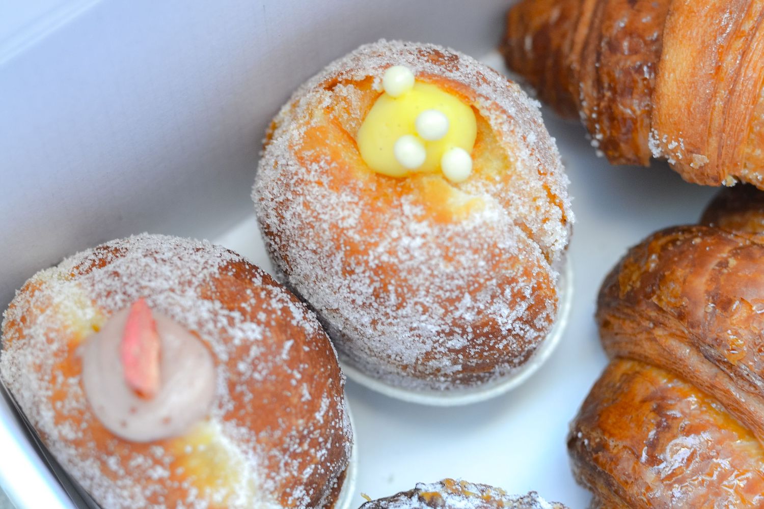 Assorted pastries including powdered sugar-dusted cream-filled donuts and flaky croissants in a white bakery box.