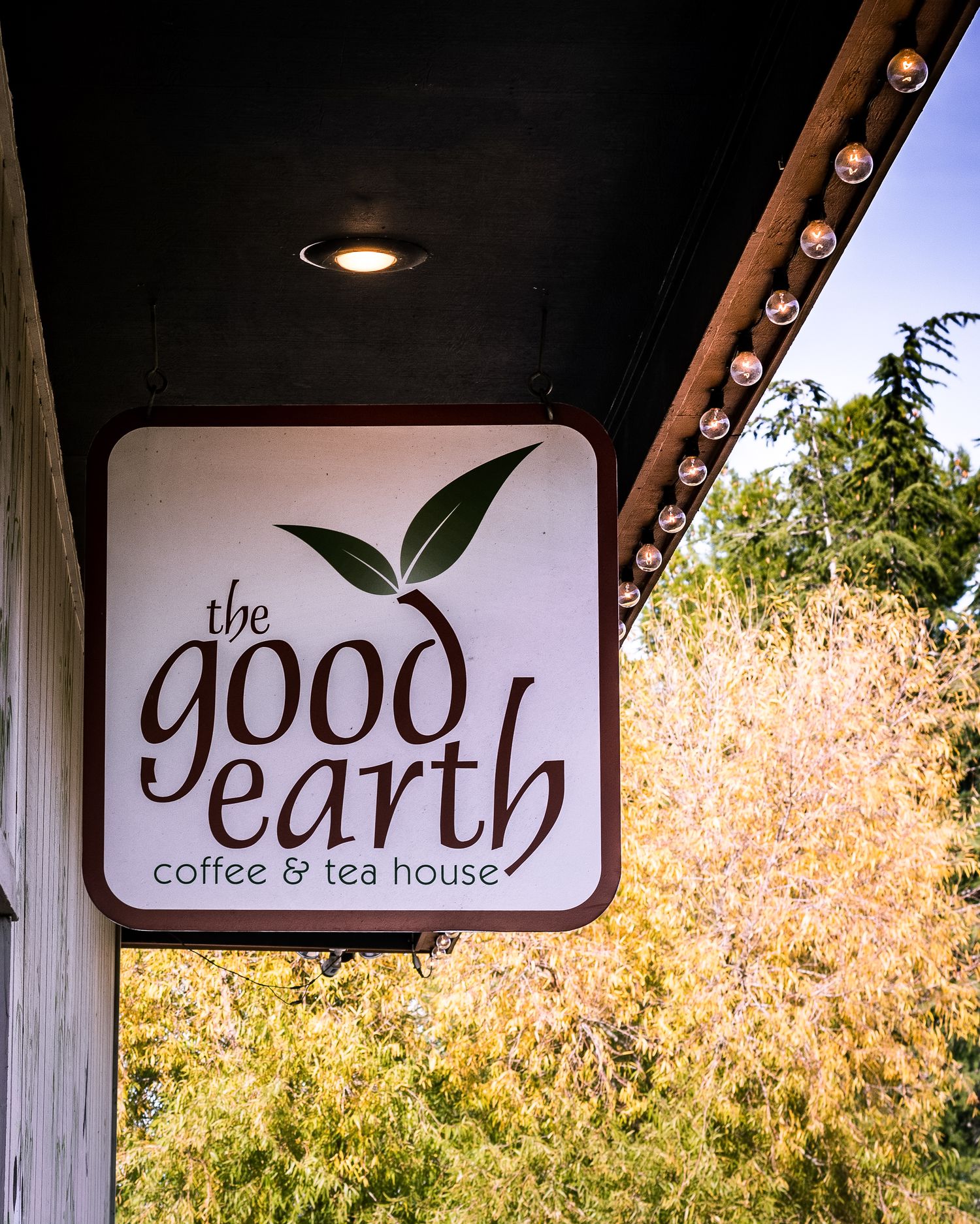 Sign for The Good Earth Coffee & Tea House with leaf logo, hanging outside amid lush green and golden foliage.