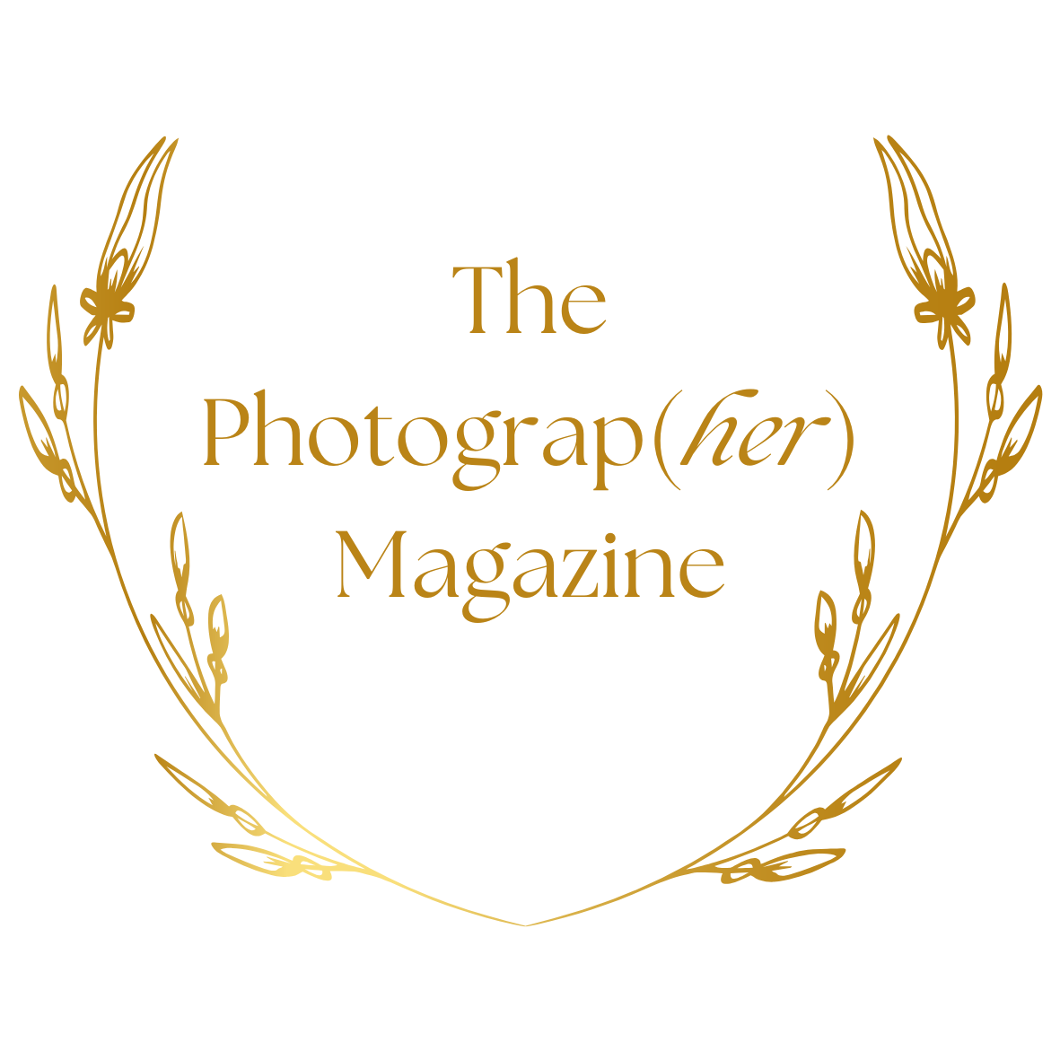 Gold floral wreath logo designs with text 'The Photographer Magazine' in elegant typography.